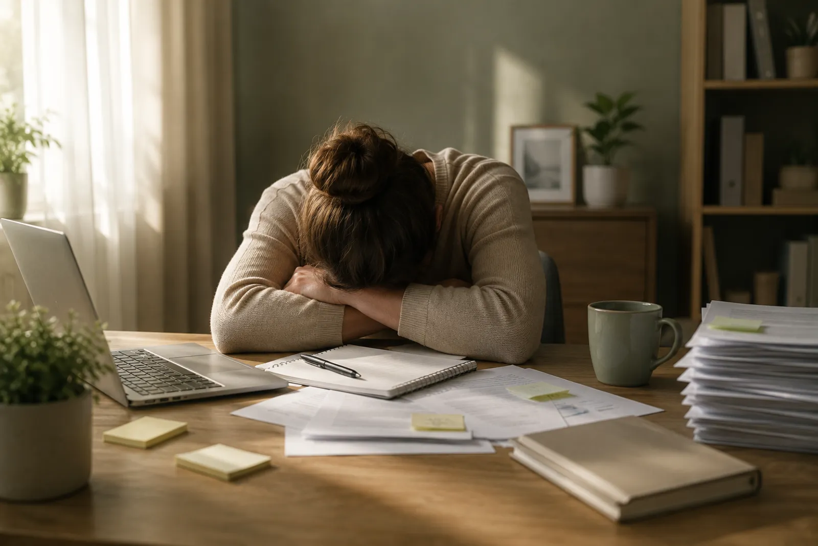 Erschöpfte Person mit dem Kopf auf dem Schreibtisch neben Papierstapeln – Symbol für Stress und Burnout