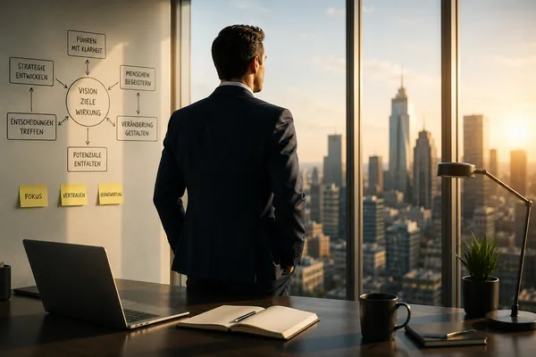Führungsperson blickt aus einem Bürofenster über die Stadt, daneben eine Strategie-Skizze – Symbol für Business- und Führungscoaching