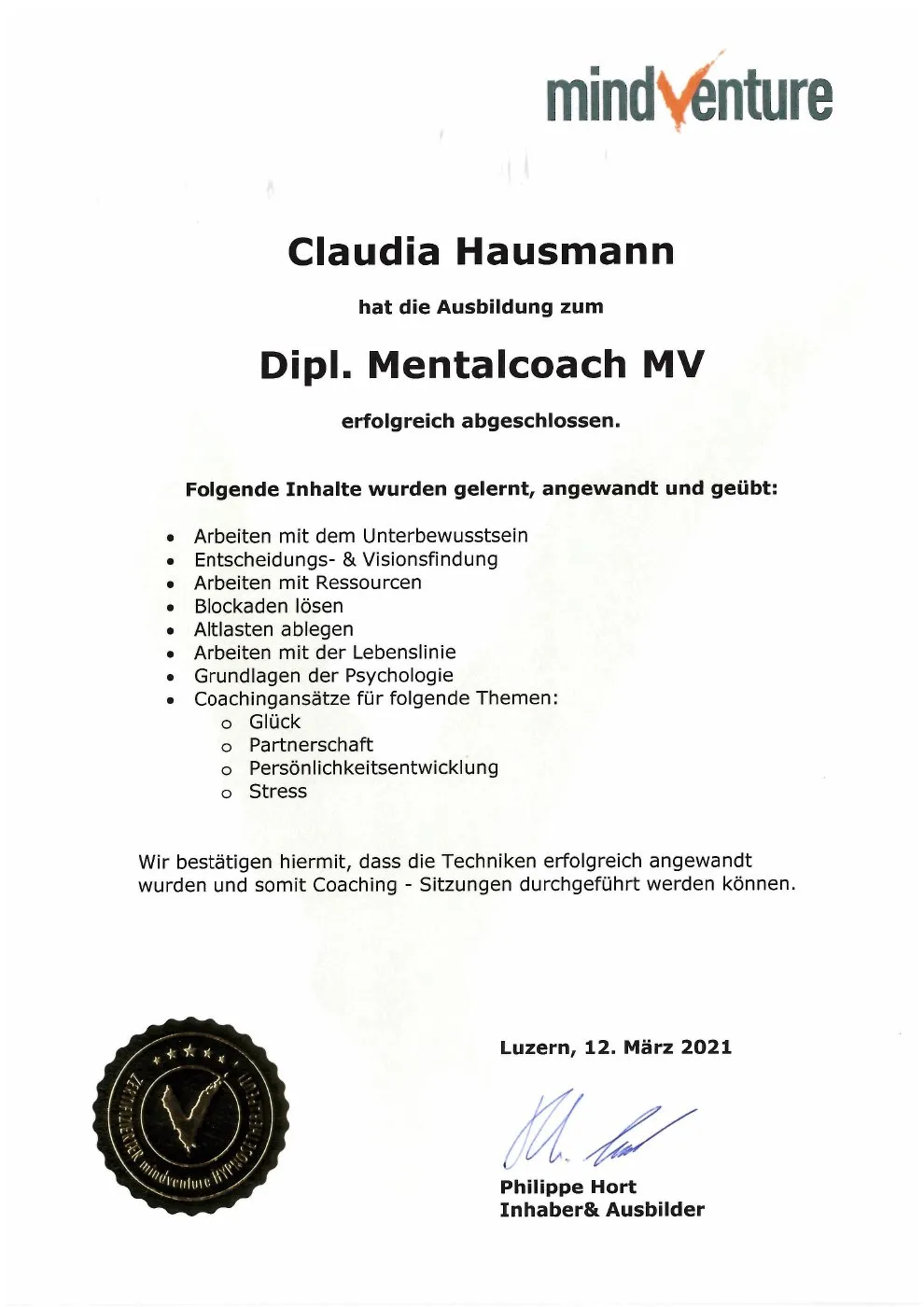 Diplom Dipl. Mentalcoach MV (Mindventure) für Claudia Hausmann