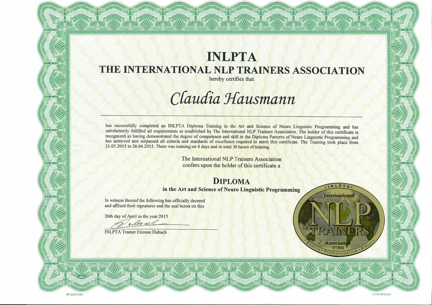 NLP-Diplom der INLPTA – International NLP Trainers Association für Claudia Hausmann