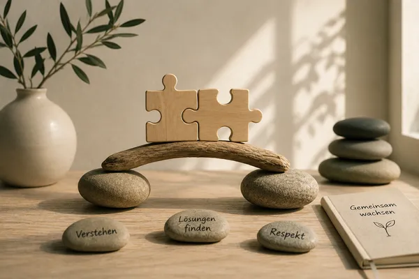 Steine mit den Worten Verstehen, Lösungen finden und Respekt sowie ineinandergreifende Puzzleteile – Symbol für Konfliktlösung