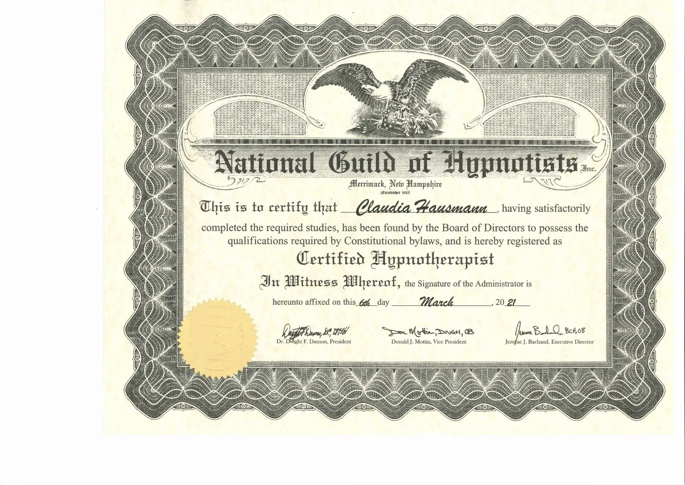 Zertifikat Certified Hypnotherapist der National Guild of Hypnotists (NGH) für Claudia Hausmann
