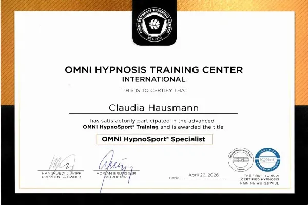 Zertifikat OMNI HypnoSport® Specialist für Claudia Hausmann, ausgestellt vom OMNI Hypnosis Training Center International