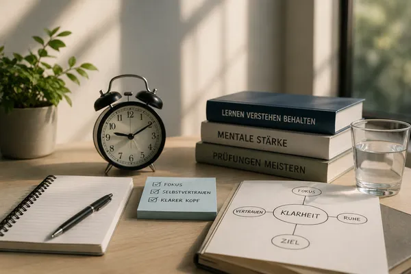 Schreibtisch mit Wecker, Büchern und Notizen zu Fokus und mentaler Stärke – Symbol für die ruhige Vorbereitung auf Prüfungen