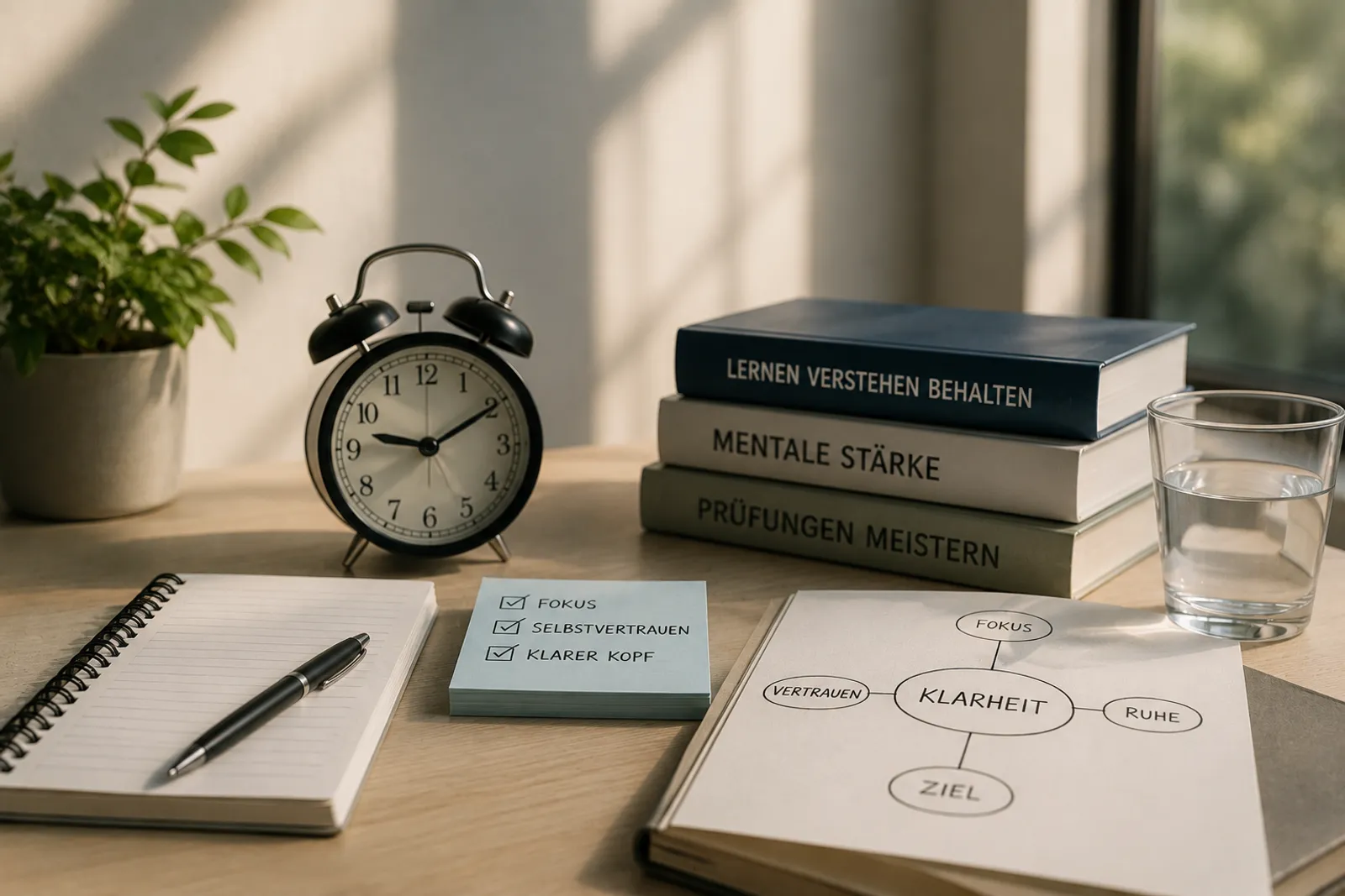 Schreibtisch mit Wecker, Büchern und Notizen zu Fokus und mentaler Stärke – Symbol für die ruhige Vorbereitung auf Prüfungen