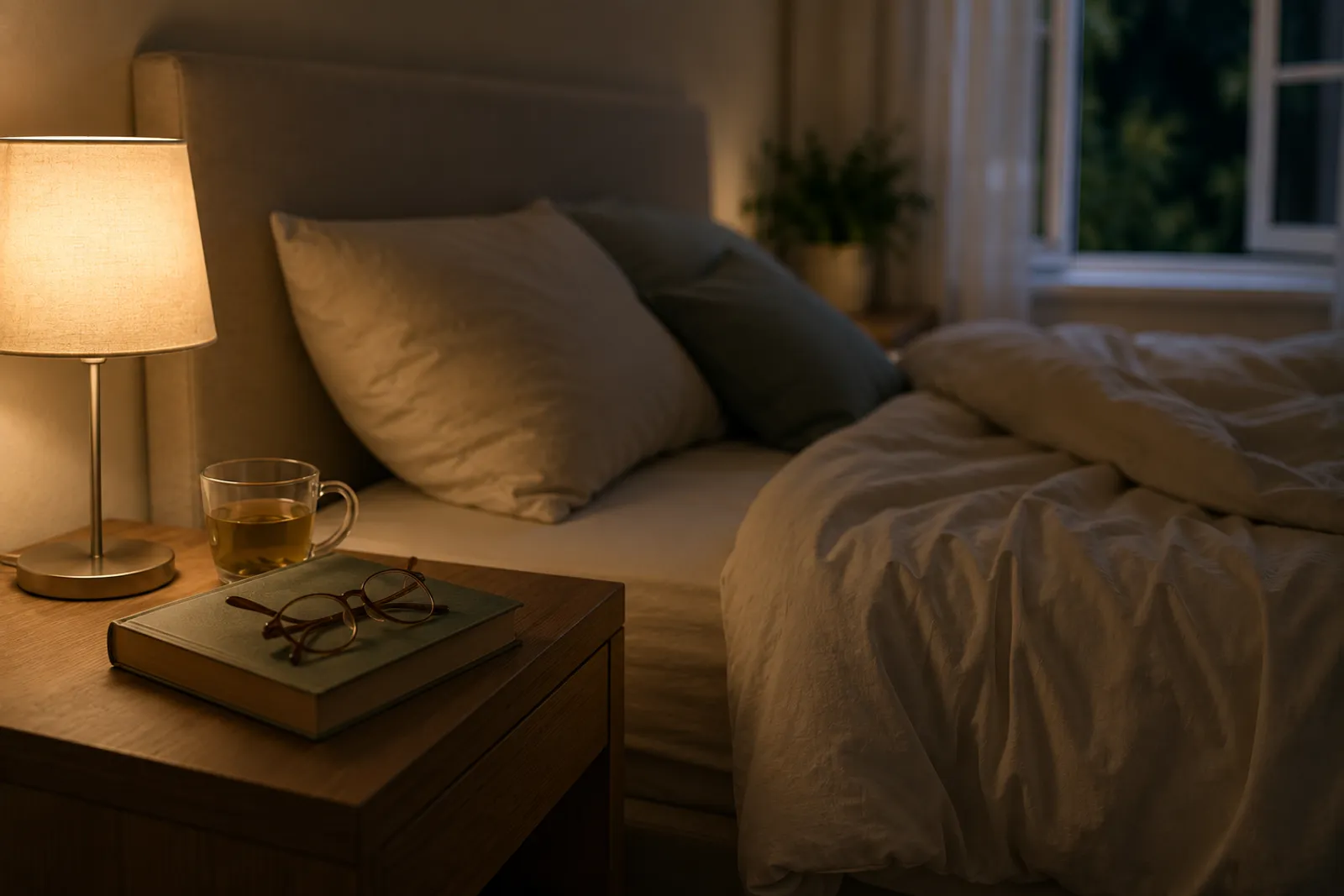 Ruhiges Schlafzimmer mit warmer Nachttischlampe, Tee und Buch – Symbol für erholsamen Schlaf