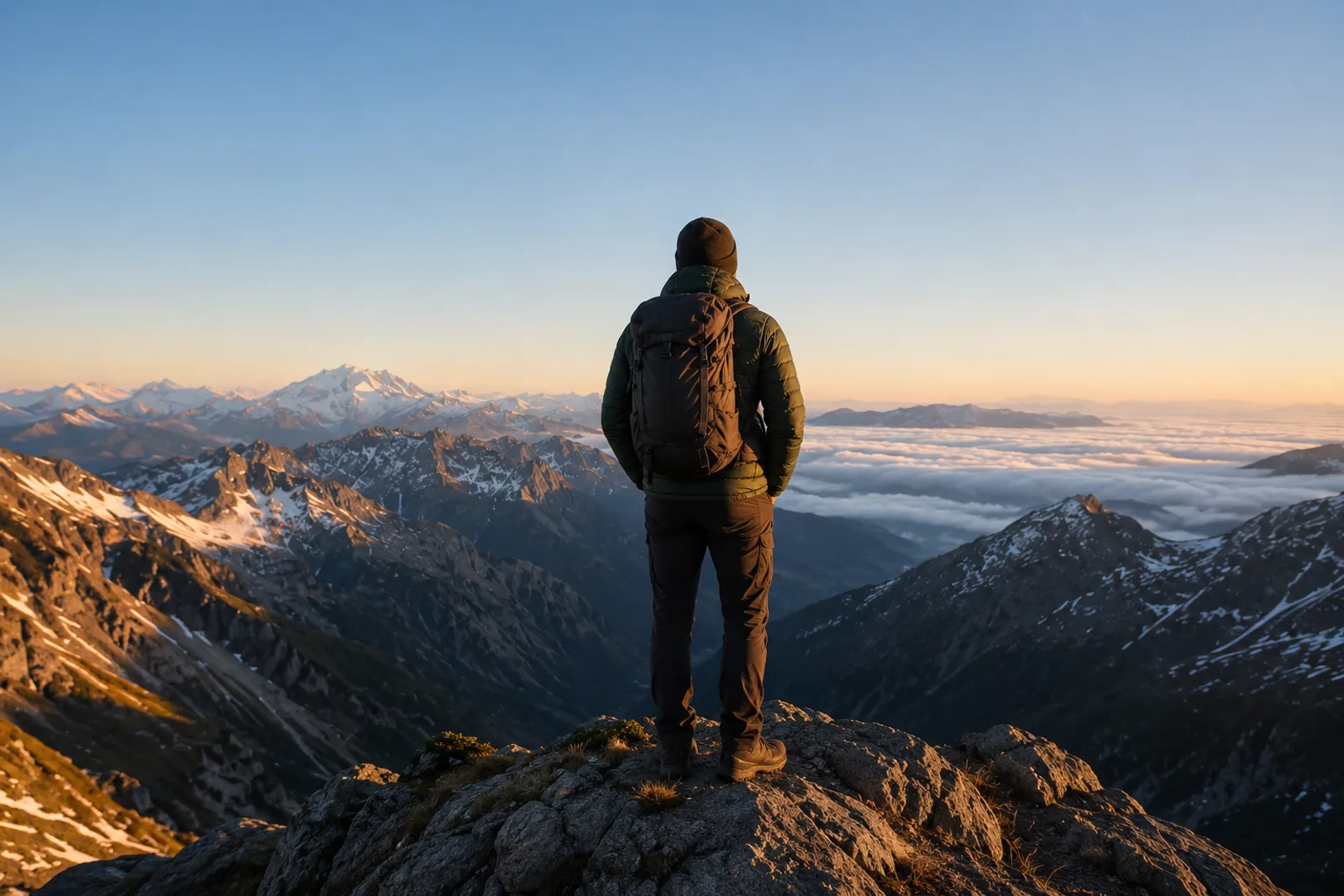 Person steht auf einem Berggipfel und blickt über die Landschaft – Symbol für Selbstbewusstsein und innere Stärke
