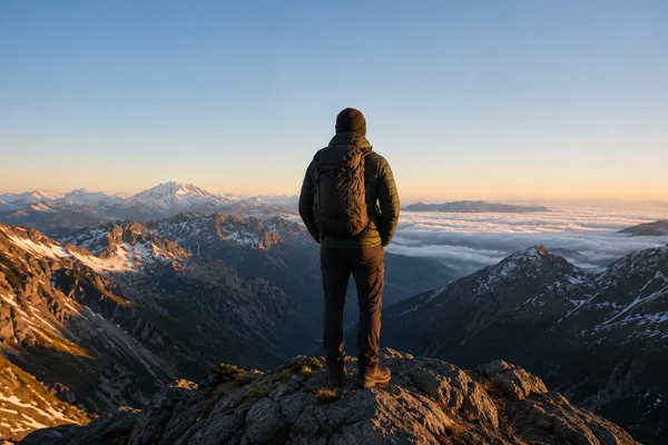 Person steht auf einem Berggipfel und blickt über die Landschaft – Symbol für Selbstbewusstsein und innere Stärke