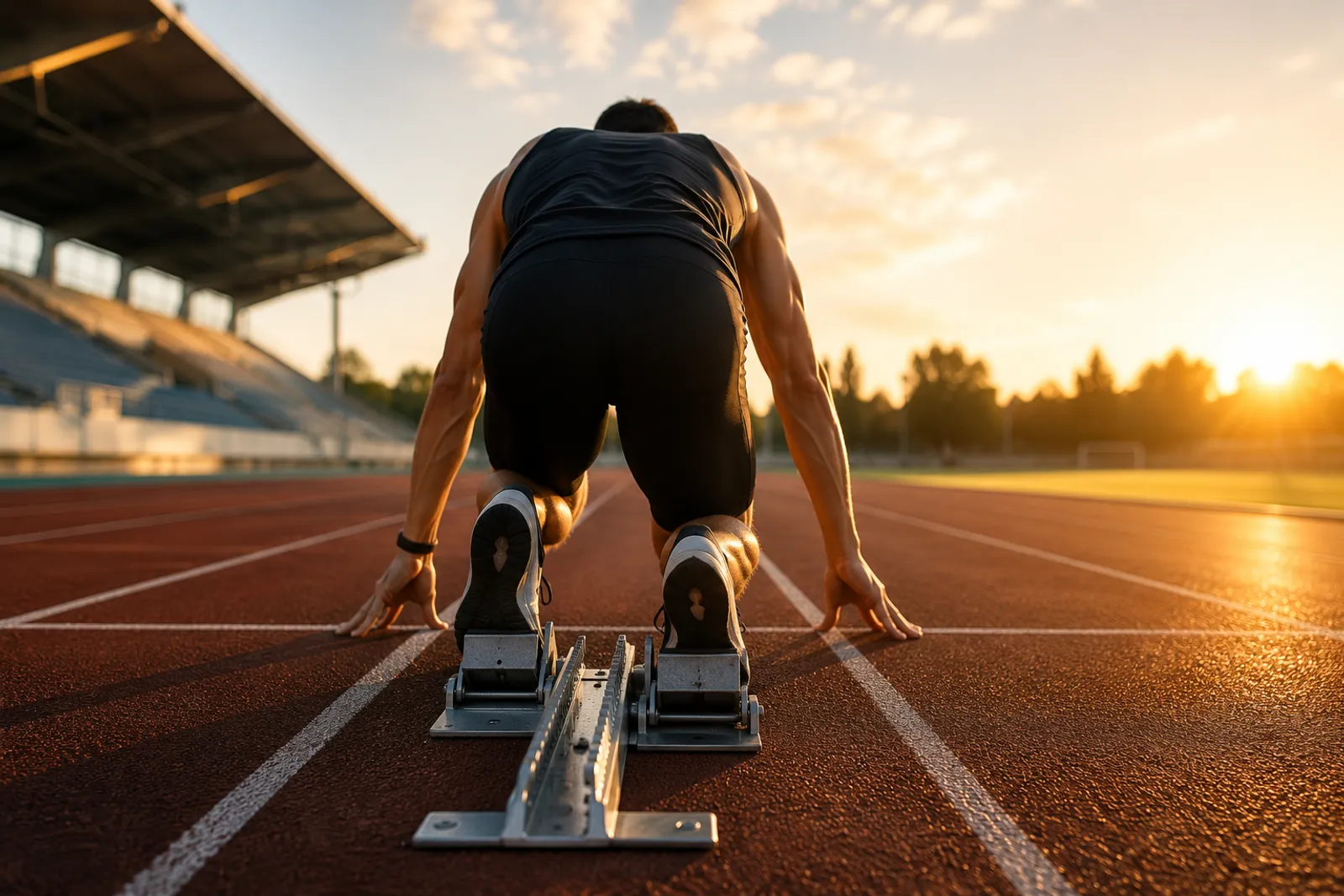 Sportlerin am Startblock auf der Laufbahn bei Sonnenaufgang – Symbol für mentale Stärke im Sport