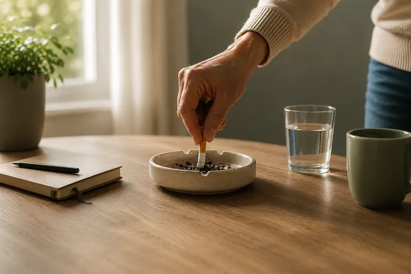 Hand drückt eine Zigarette im Aschenbecher aus, daneben ein Glas Wasser – Symbol für den Rauchstopp und die Suchtbehandlung